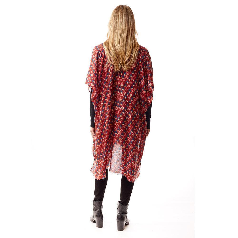 Red Geometric Border Printed Gold Foil Accented Ruana Poncho - Jewelry Store by Erik Rayo
