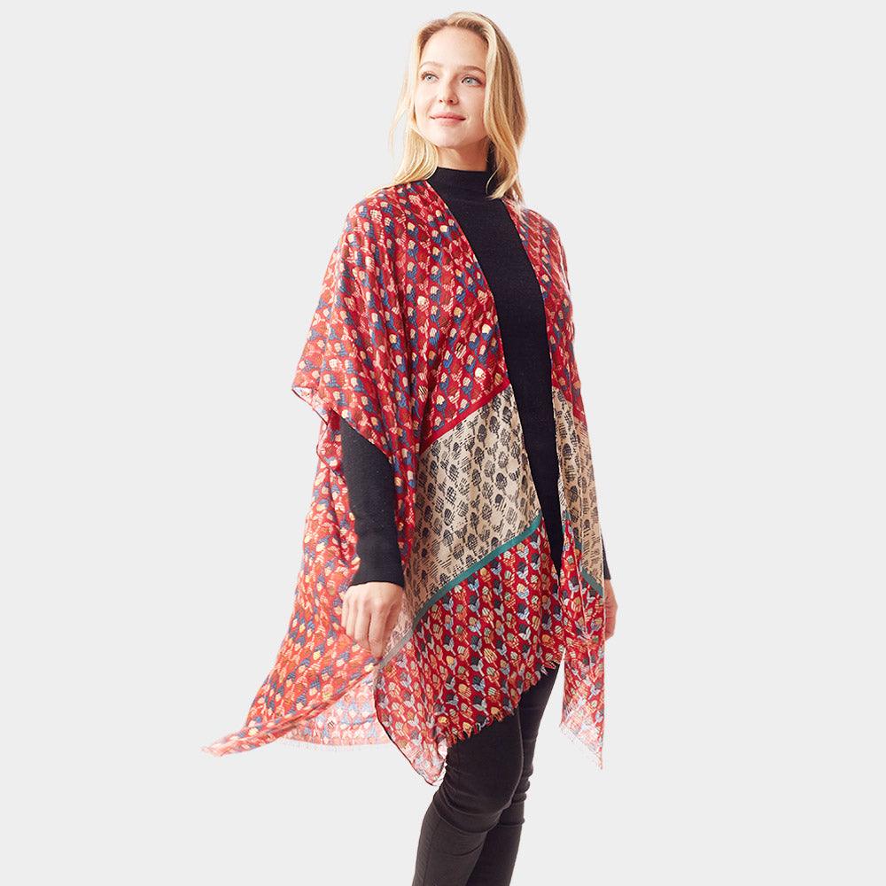 Red Geometric Border Printed Gold Foil Accented Ruana Poncho