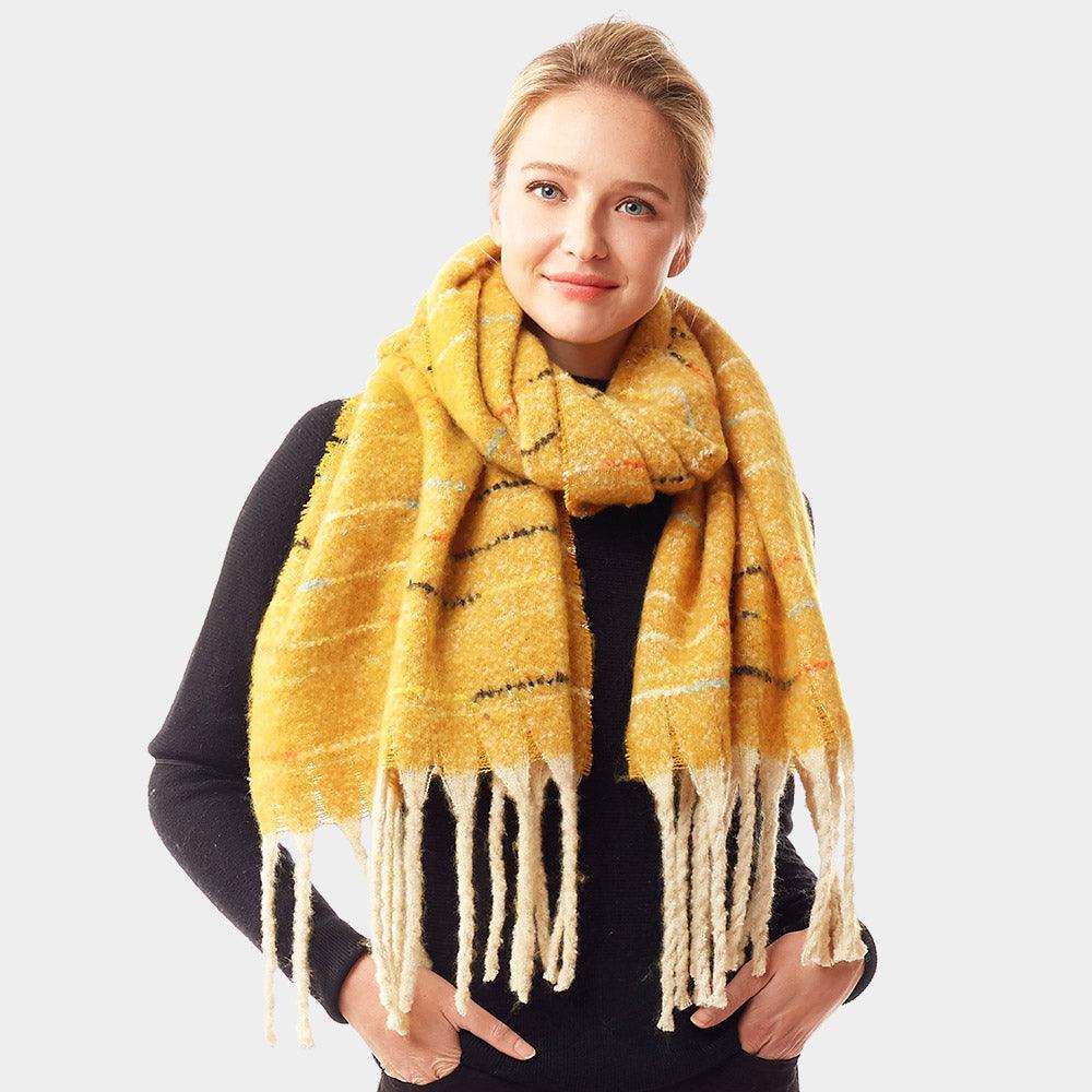 Mustard Glitz Colorful Stitch Fuzzy Oblong Scarf