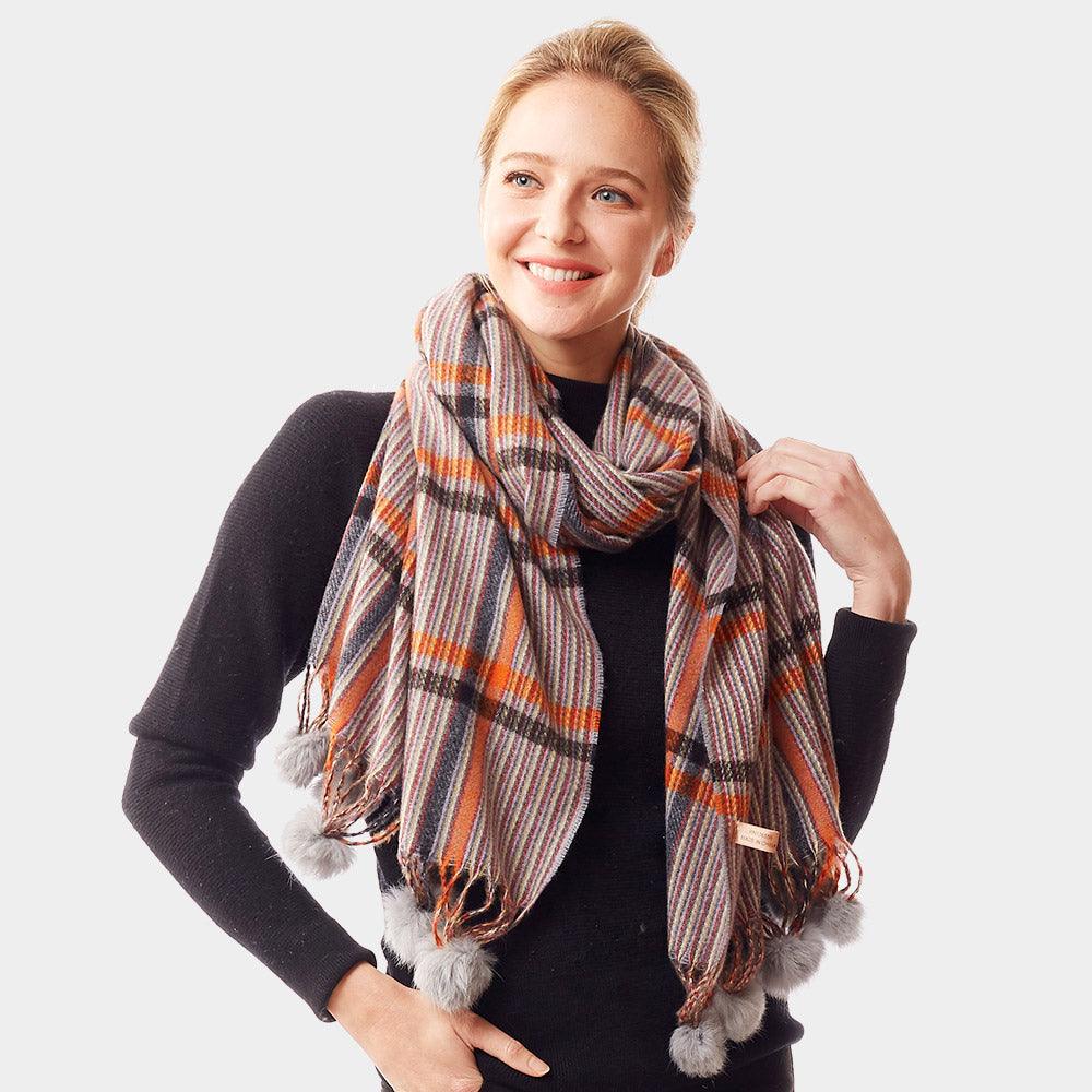 Gray Plaid Check Patterned Pom Pom Oblong Scarf