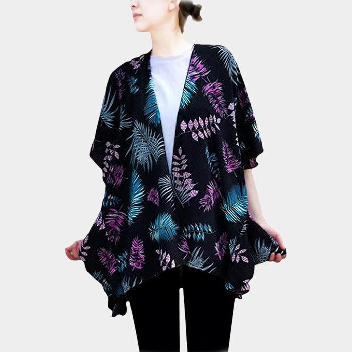 Black Tropical Print Ruffle Detail Open Poncho