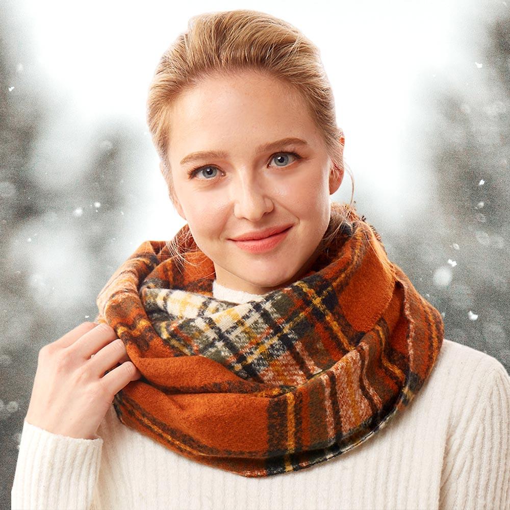 Brown Plaid Check Infinity Scarf