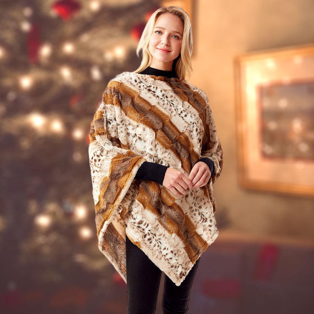 Beige Animal Patterned Faux Fur Soft Poncho