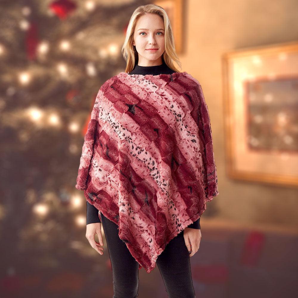 Burgundy Animal Patterned Faux Fur Soft Poncho - Jewelry Store by Erik Rayo