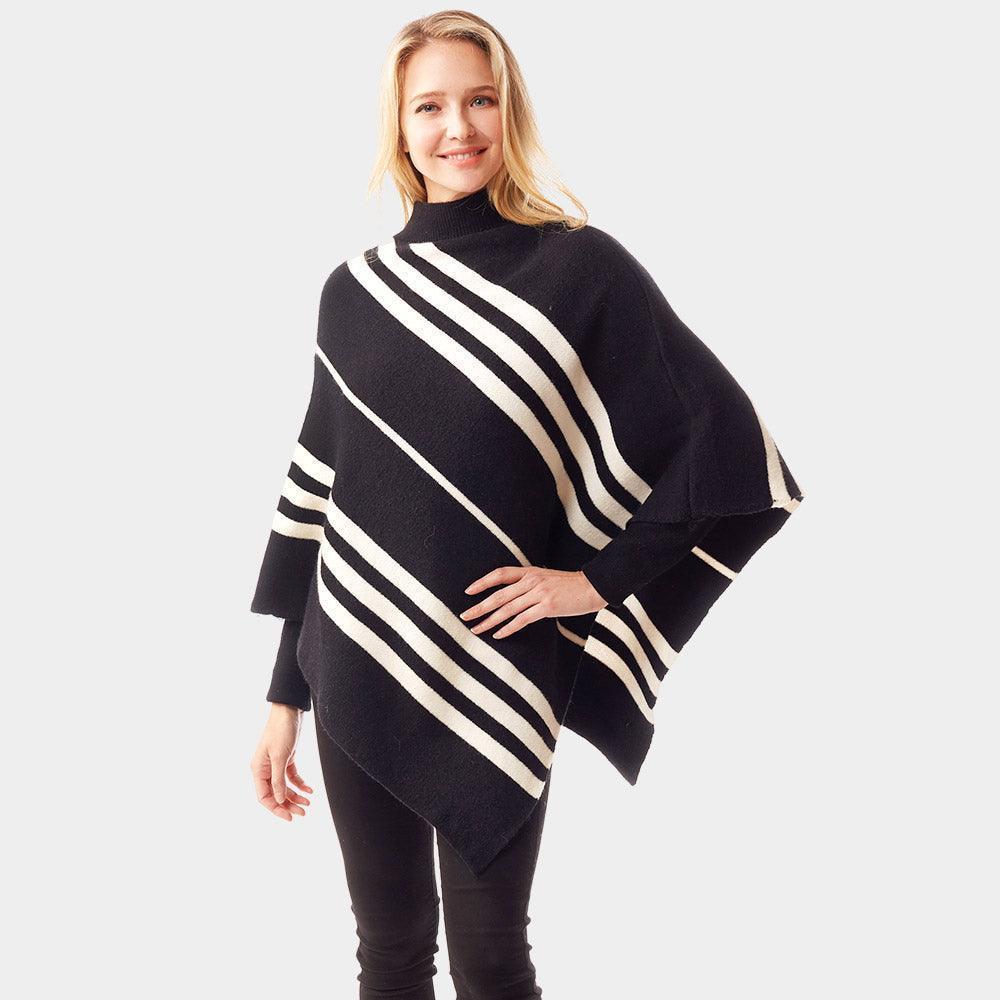 Black Vertical Striped Turtle Neck Poncho - Jewelry Store by Erik Rayo