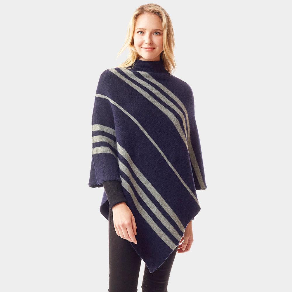 Navy Vertical Striped Turtle Neck Poncho - Jewelry Store by Erik Rayo