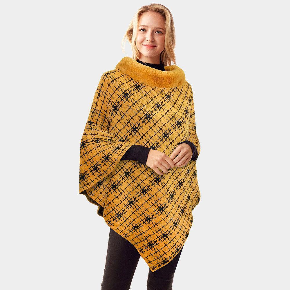 Mustard Patterned Faux Fur Collar Poncho - Jewelry Store by Erik Rayo