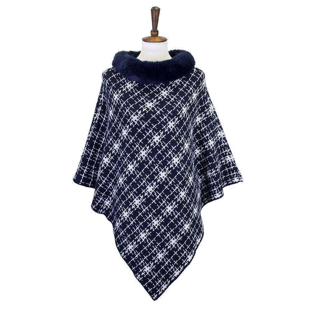 Navy Patterned Faux Fur Collar Poncho - Jewelry Store by Erik Rayo