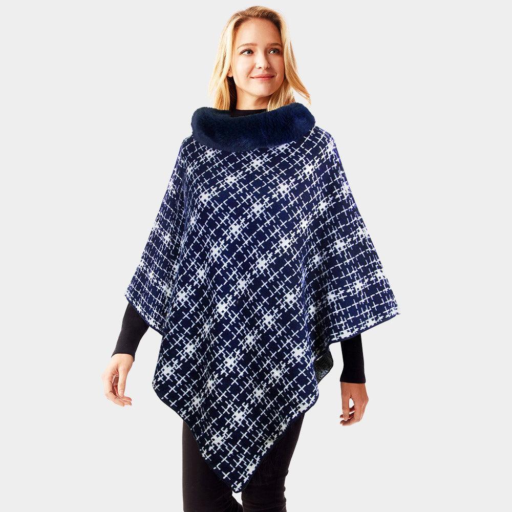 Navy Patterned Faux Fur Collar Poncho - Jewelry Store by Erik Rayo