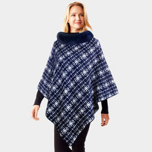 Load image into Gallery viewer, Navy Patterned Faux Fur Collar Poncho
