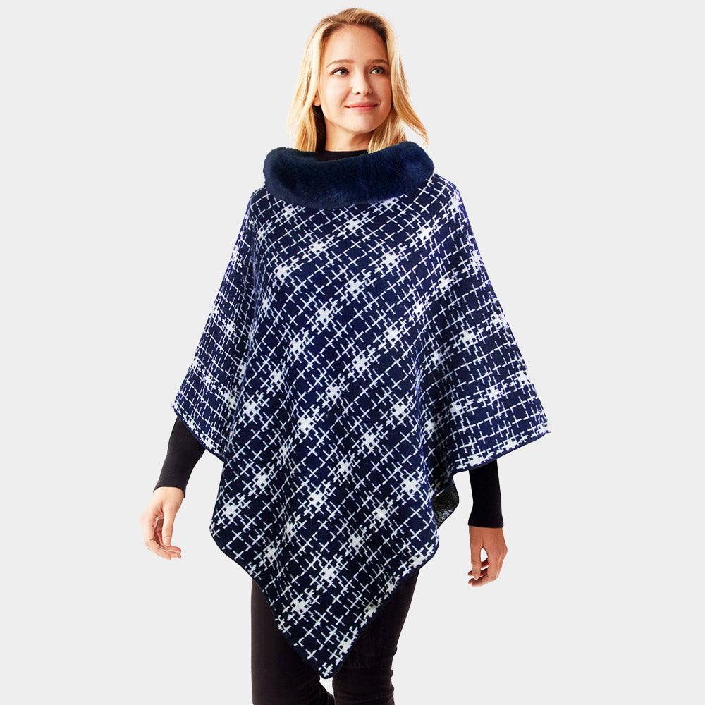 Navy Patterned Faux Fur Collar Poncho