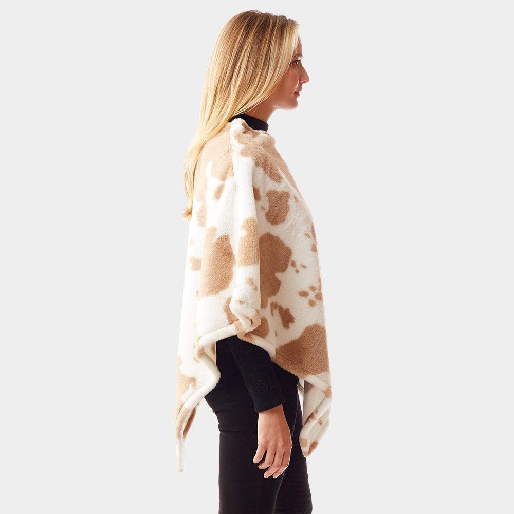 Beige Cow Patterned Soft Faux Fur Poncho - Jewelry Store by Erik Rayo