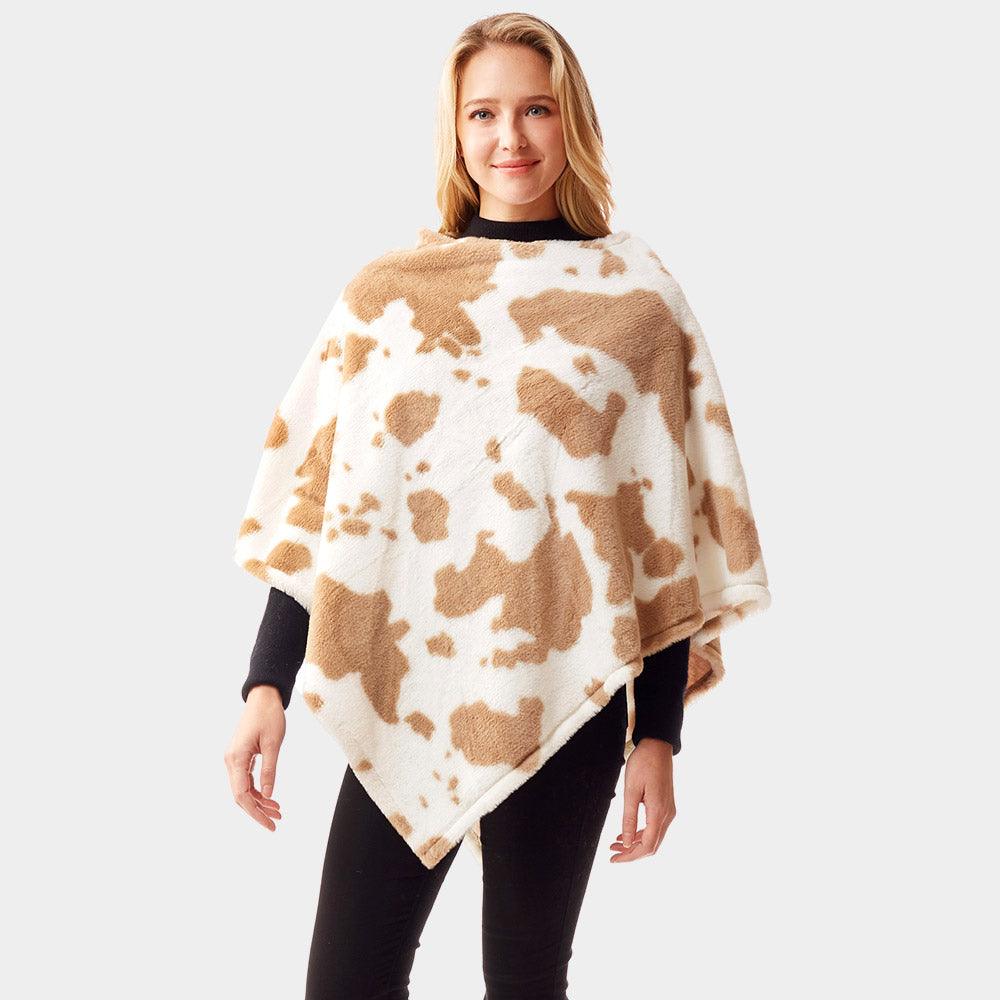 Beige Cow Patterned Soft Faux Fur Poncho