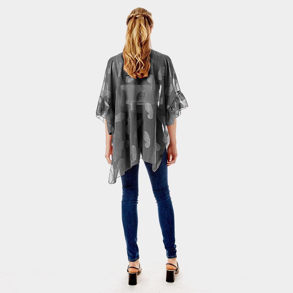 Black Paisley Patterned Sheer Ruffle Sleeves Cover Up Kimono Poncho - Jewelry Store by Erik Rayo