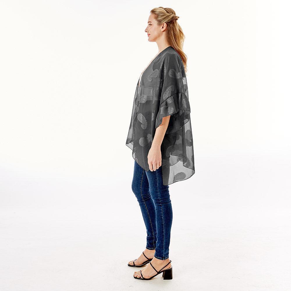 Black Paisley Patterned Sheer Ruffle Sleeves Cover Up Kimono Poncho - Jewelry Store by Erik Rayo