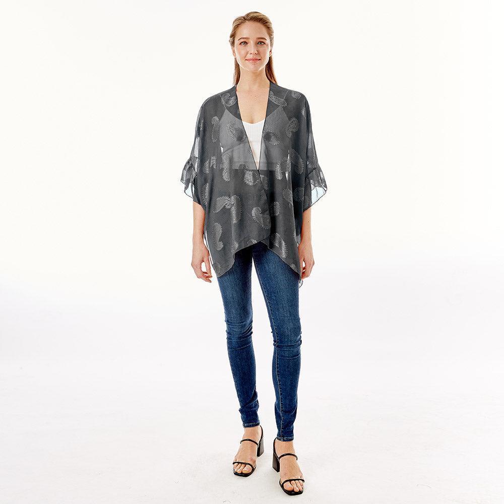 Black Paisley Patterned Sheer Ruffle Sleeves Cover Up Kimono Poncho - Jewelry Store by Erik Rayo