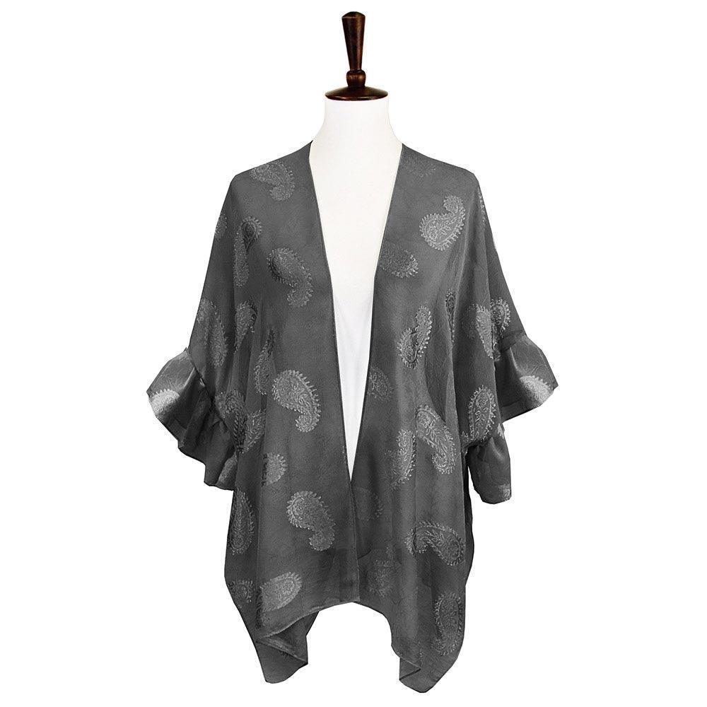 Black Paisley Patterned Sheer Ruffle Sleeves Cover Up Kimono Poncho - Jewelry Store by Erik Rayo