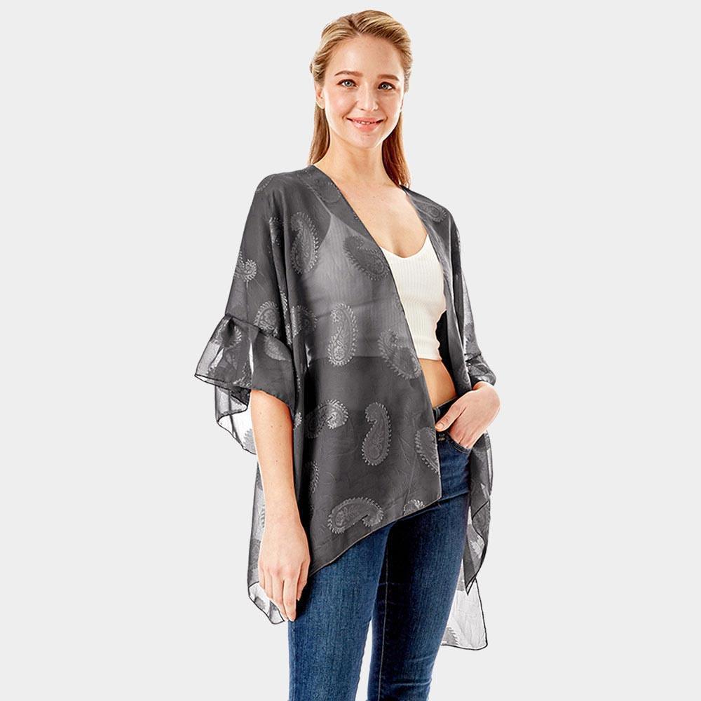 Black Paisley Patterned Sheer Ruffle Sleeves Cover Up Kimono Poncho - Jewelry Store by Erik Rayo