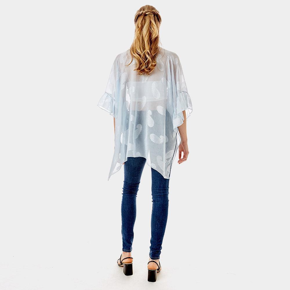 Blue Paisley Patterned Sheer Ruffle Sleeves Cover Up Kimono Poncho - Jewelry Store by Erik Rayo