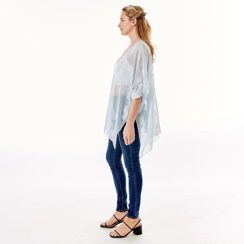 Blue Paisley Patterned Sheer Ruffle Sleeves Cover Up Kimono Poncho - Jewelry Store by Erik Rayo