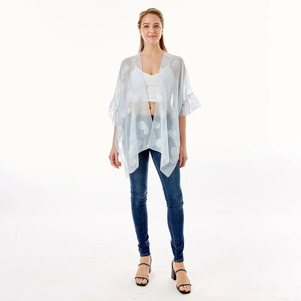 Blue Paisley Patterned Sheer Ruffle Sleeves Cover Up Kimono Poncho - Jewelry Store by Erik Rayo