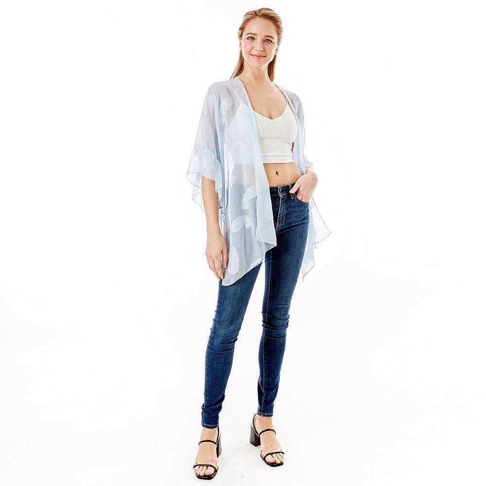 Blue Paisley Patterned Sheer Ruffle Sleeves Cover Up Kimono Poncho - Jewelry Store by Erik Rayo