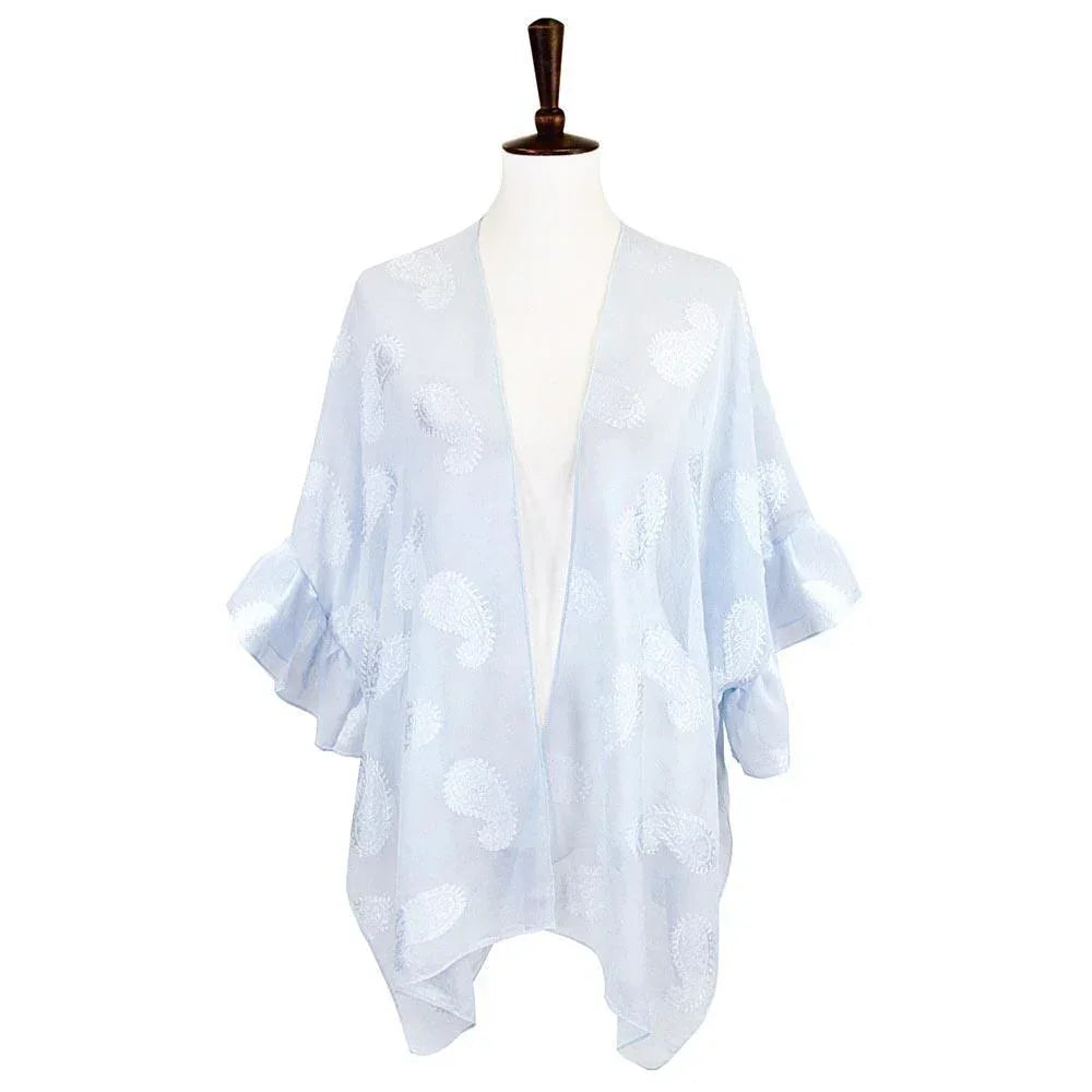 Blue Paisley Patterned Sheer Ruffle Sleeves Cover Up Kimono Poncho - Jewelry Store by Erik Rayo