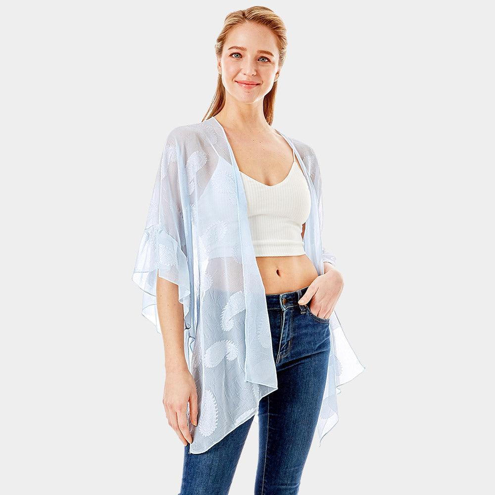 Blue Paisley Patterned Sheer Ruffle Sleeves Cover Up Kimono Poncho - Jewelry Store by Erik Rayo