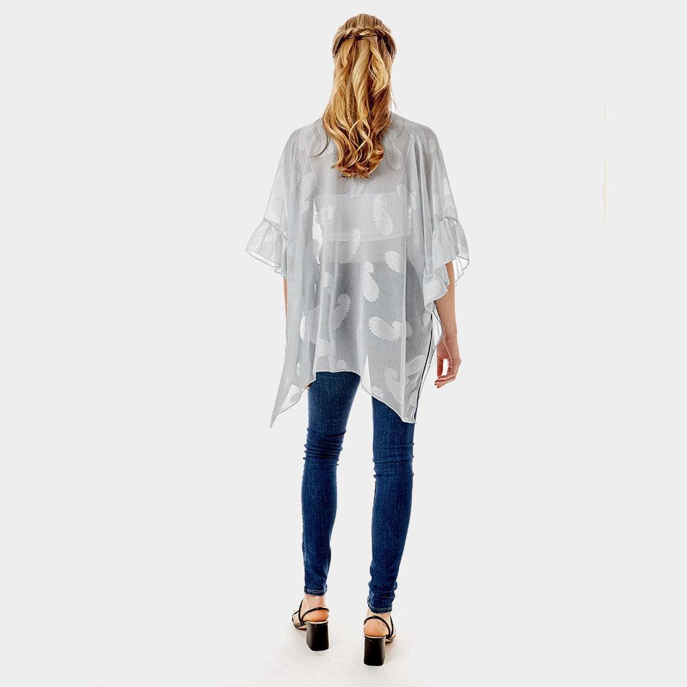 Gray Paisley Patterned Sheer Ruffle Sleeves Cover Up Kimono Poncho - Jewelry Store by Erik Rayo