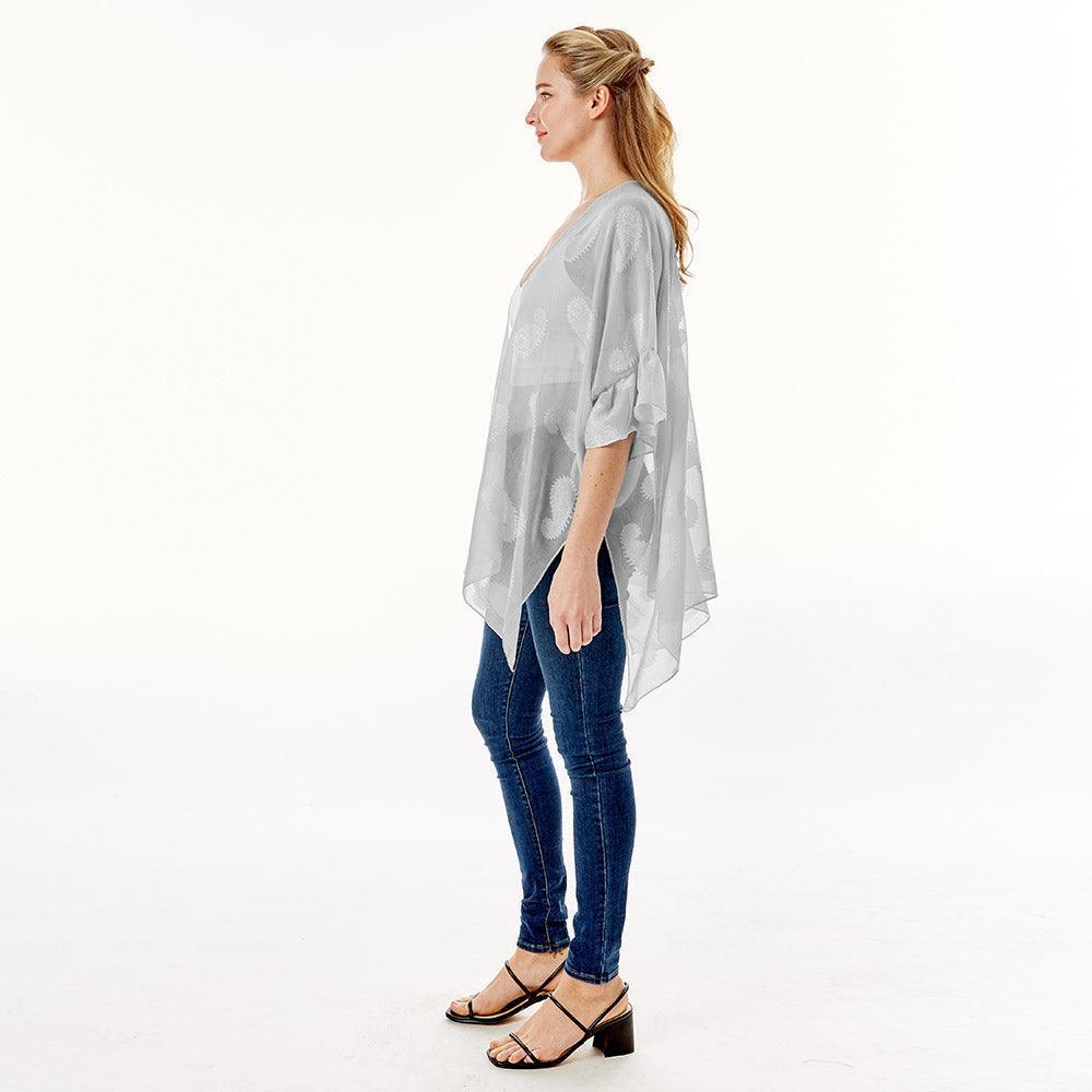 Gray Paisley Patterned Sheer Ruffle Sleeves Cover Up Kimono Poncho - Jewelry Store by Erik Rayo