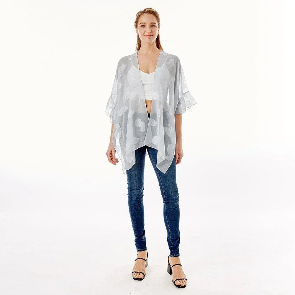 Gray Paisley Patterned Sheer Ruffle Sleeves Cover Up Kimono Poncho - Jewelry Store by Erik Rayo