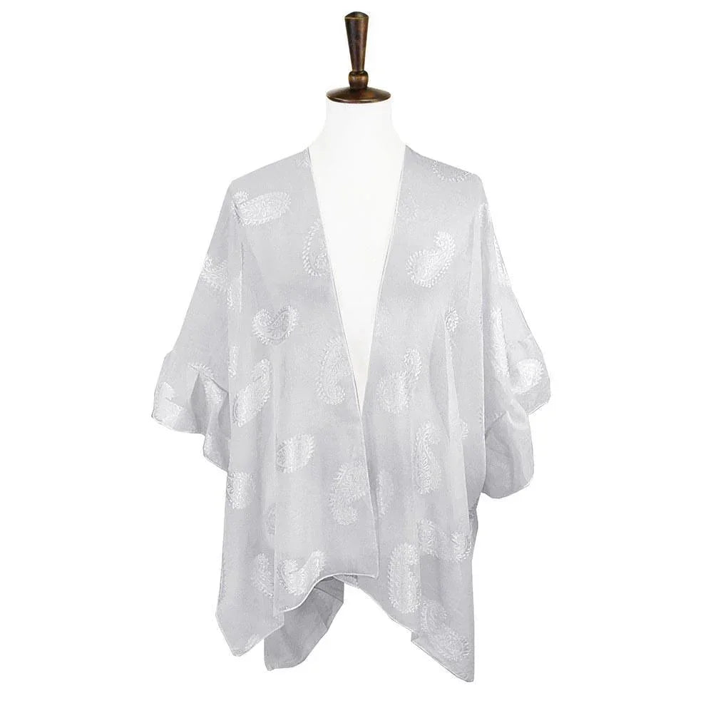Gray Paisley Patterned Sheer Ruffle Sleeves Cover Up Kimono Poncho - Jewelry Store by Erik Rayo