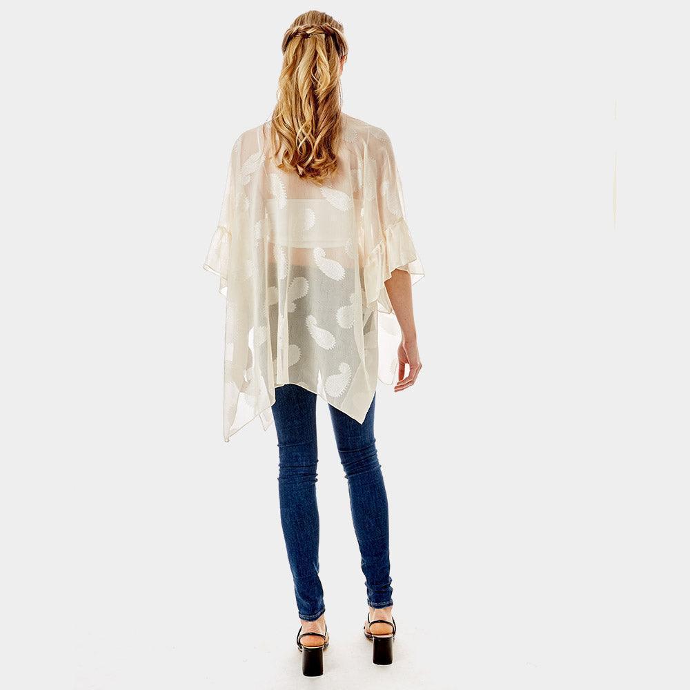 Ivory Paisley Patterned Sheer Ruffle Sleeves Cover Up Kimono Poncho - Jewelry Store by Erik Rayo