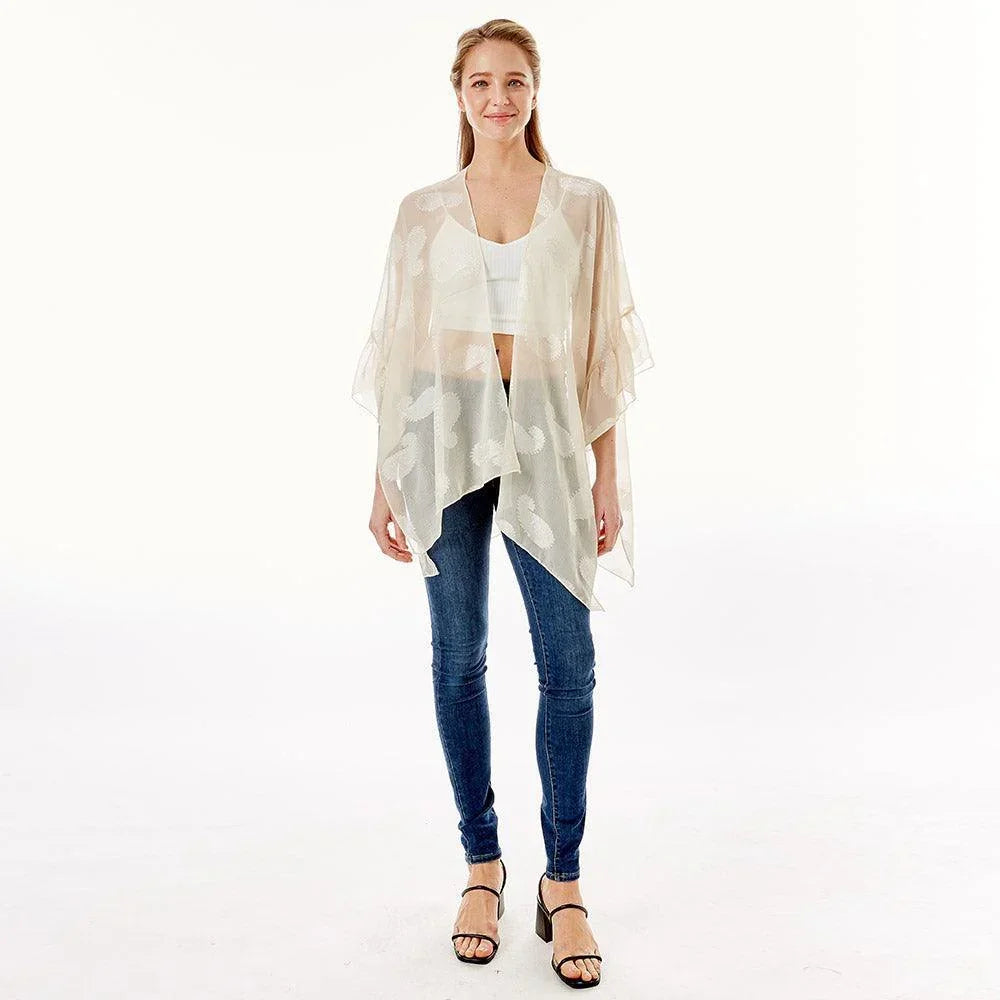 Ivory Paisley Patterned Sheer Ruffle Sleeves Cover Up Kimono Poncho - Jewelry Store by Erik Rayo