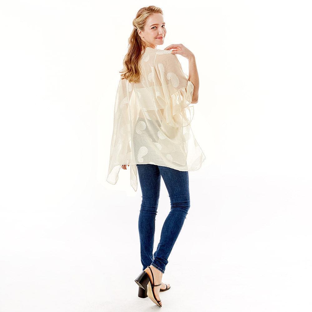 Ivory Paisley Patterned Sheer Ruffle Sleeves Cover Up Kimono Poncho - Jewelry Store by Erik Rayo