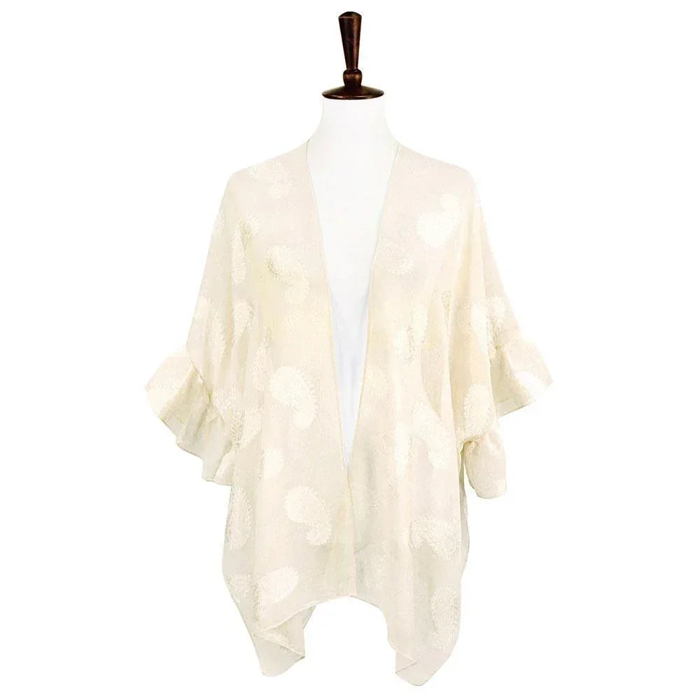 Ivory Paisley Patterned Sheer Ruffle Sleeves Cover Up Kimono Poncho - Jewelry Store by Erik Rayo