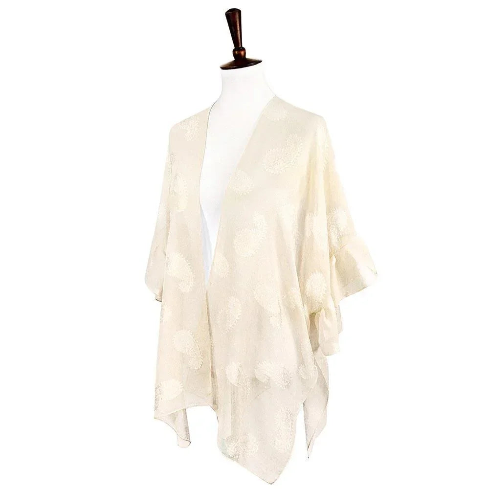 Ivory Paisley Patterned Sheer Ruffle Sleeves Cover Up Kimono Poncho - Jewelry Store by Erik Rayo