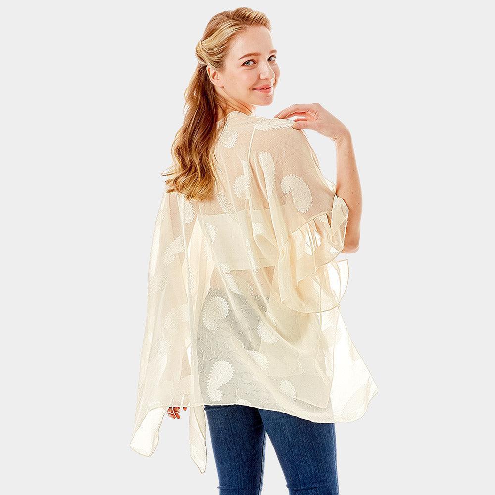Ivory Paisley Patterned Sheer Ruffle Sleeves Cover Up Kimono Poncho - Jewelry Store by Erik Rayo