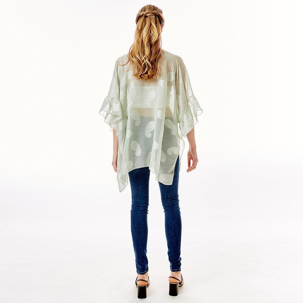 Mint Paisley Patterned Sheer Ruffle Sleeves Cover Up Kimono Poncho - Jewelry Store by Erik Rayo