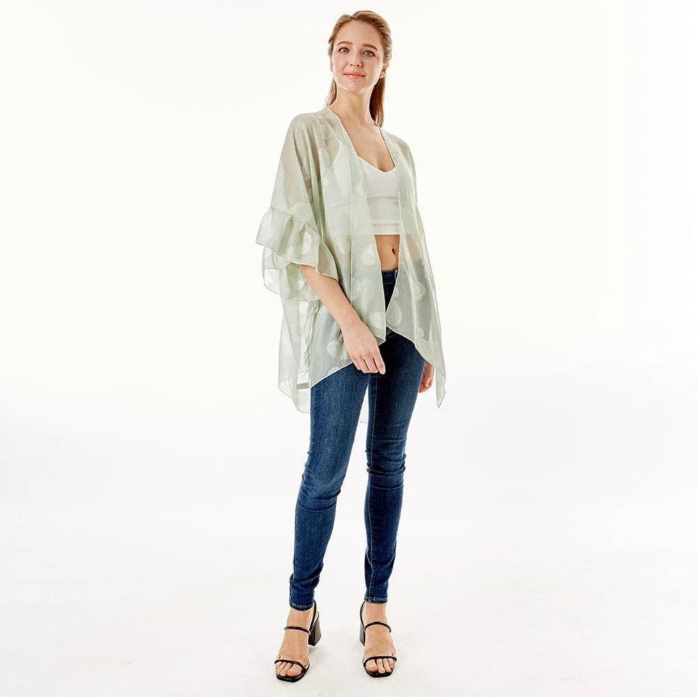 Mint Paisley Patterned Sheer Ruffle Sleeves Cover Up Kimono Poncho - Jewelry Store by Erik Rayo