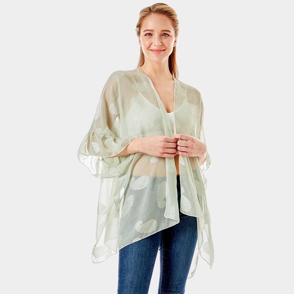 Mint Paisley Patterned Sheer Ruffle Sleeves Cover Up Kimono Poncho