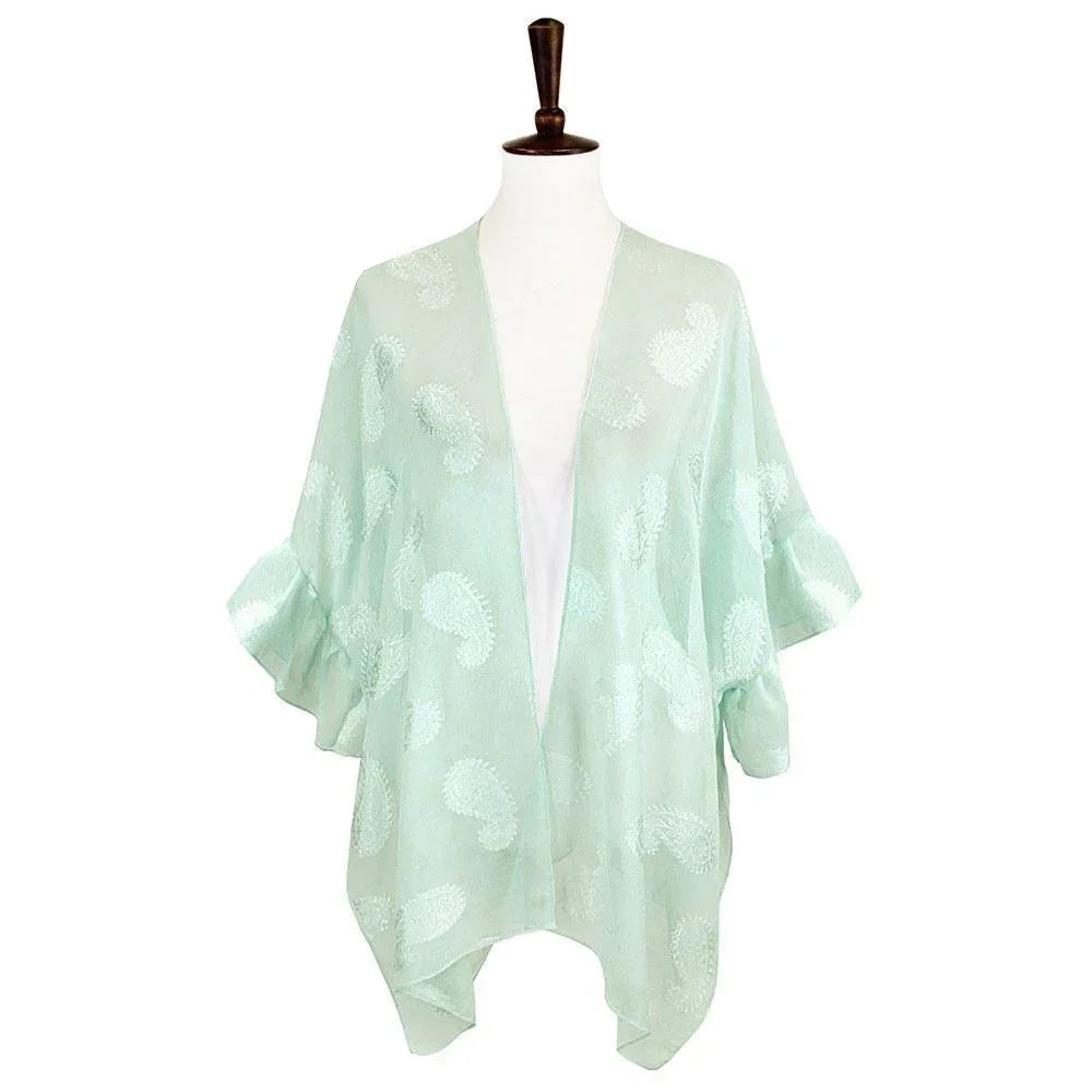 Mint Paisley Patterned Sheer Ruffle Sleeves Cover Up Kimono Poncho - Jewelry Store by Erik Rayo
