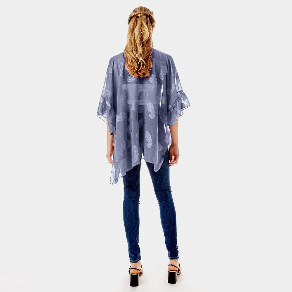 Navy Paisley Patterned Sheer Ruffle Sleeves Cover Up Kimono Poncho - Jewelry Store by Erik Rayo
