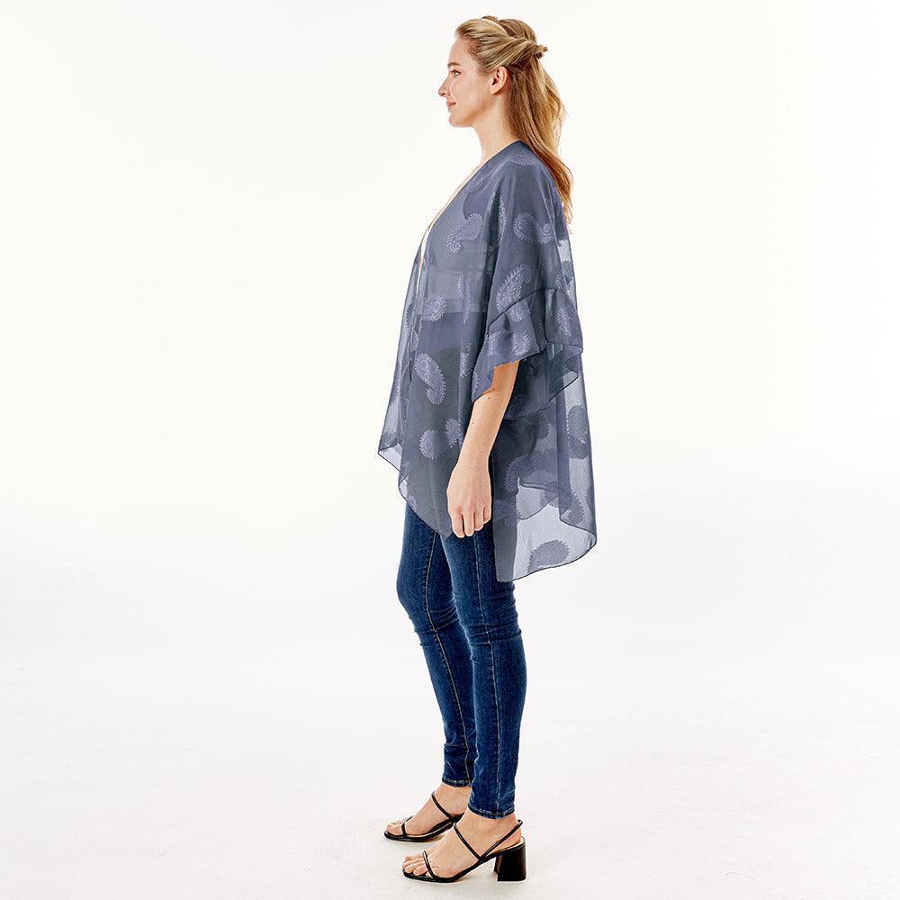 Navy Paisley Patterned Sheer Ruffle Sleeves Cover Up Kimono Poncho - Jewelry Store by Erik Rayo