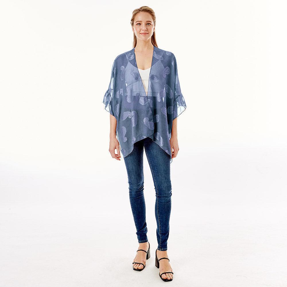 Navy Paisley Patterned Sheer Ruffle Sleeves Cover Up Kimono Poncho - Jewelry Store by Erik Rayo