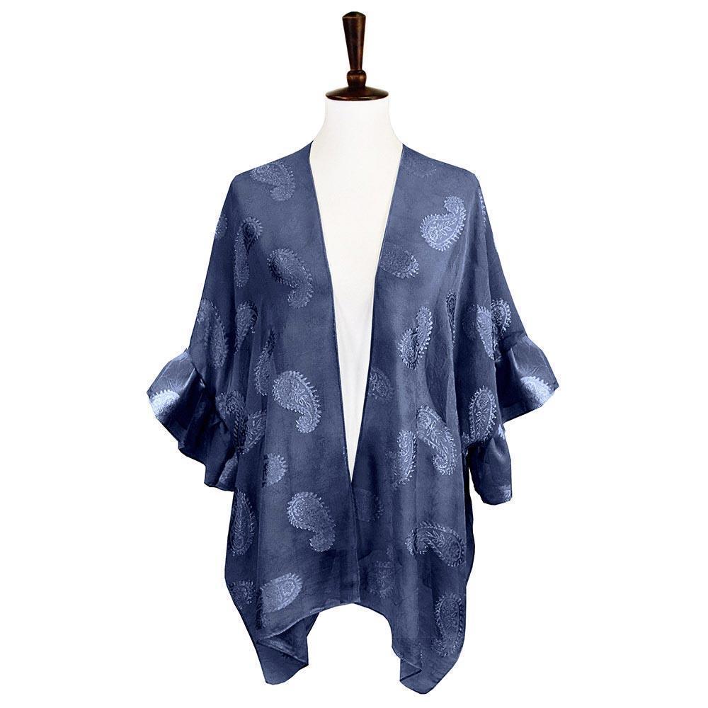Navy Paisley Patterned Sheer Ruffle Sleeves Cover Up Kimono Poncho - Jewelry Store by Erik Rayo
