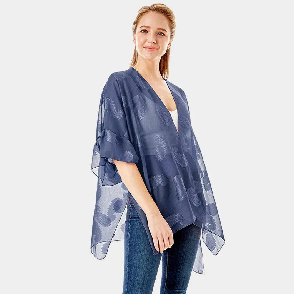 Navy Paisley Patterned Sheer Ruffle Sleeves Cover Up Kimono Poncho - Jewelry Store by Erik Rayo