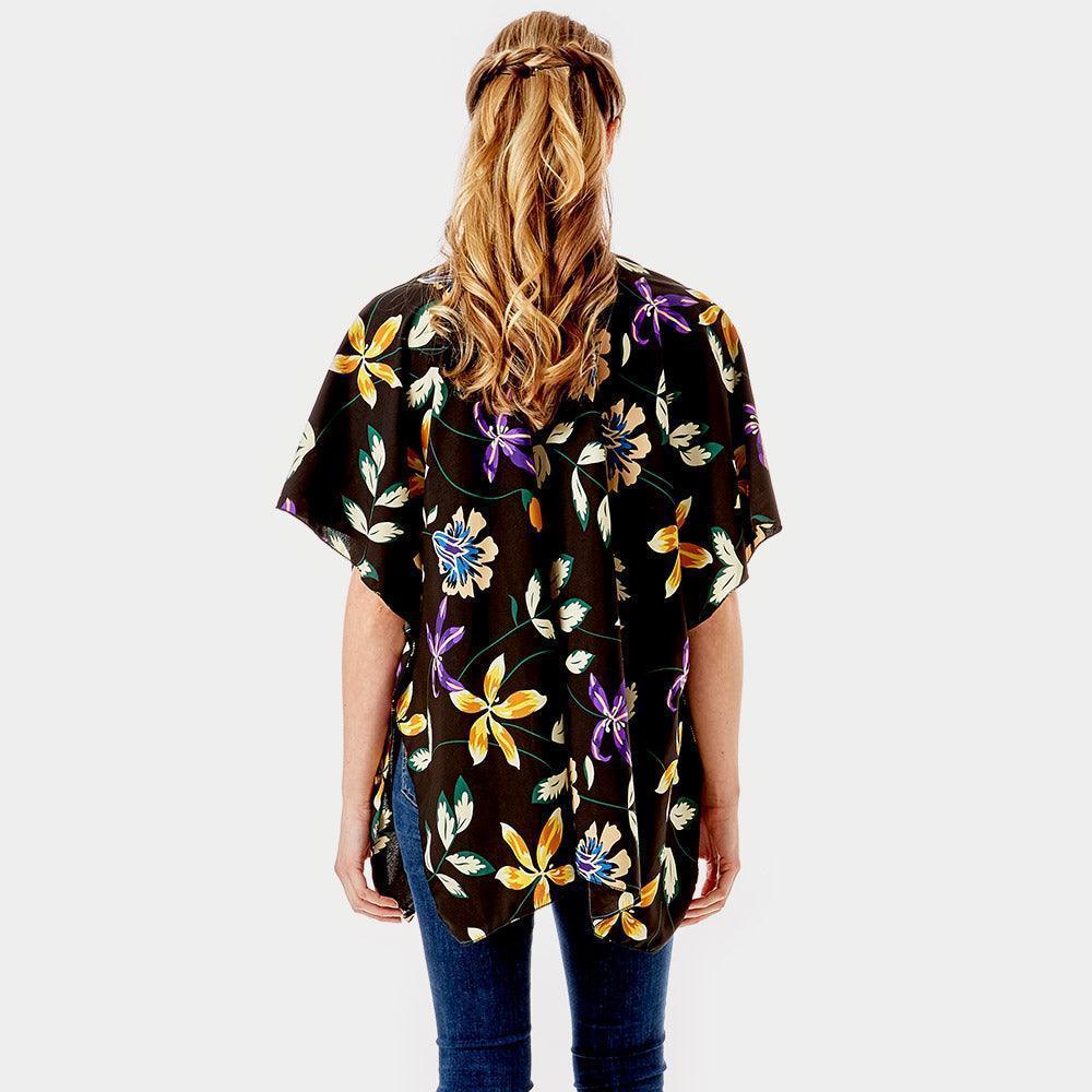 Black Flower Printed Cover Up Kimono Poncho - Jewelry Store by Erik Rayo