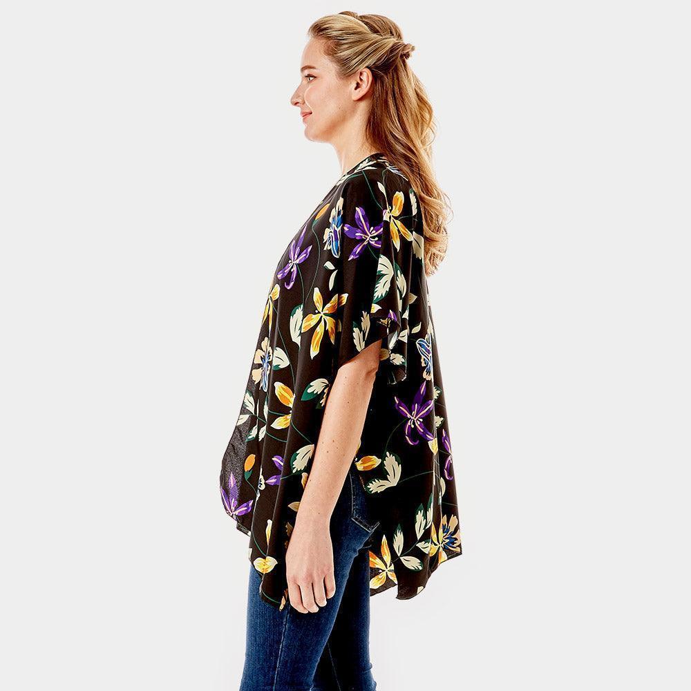 Black Flower Printed Cover Up Kimono Poncho - Jewelry Store by Erik Rayo