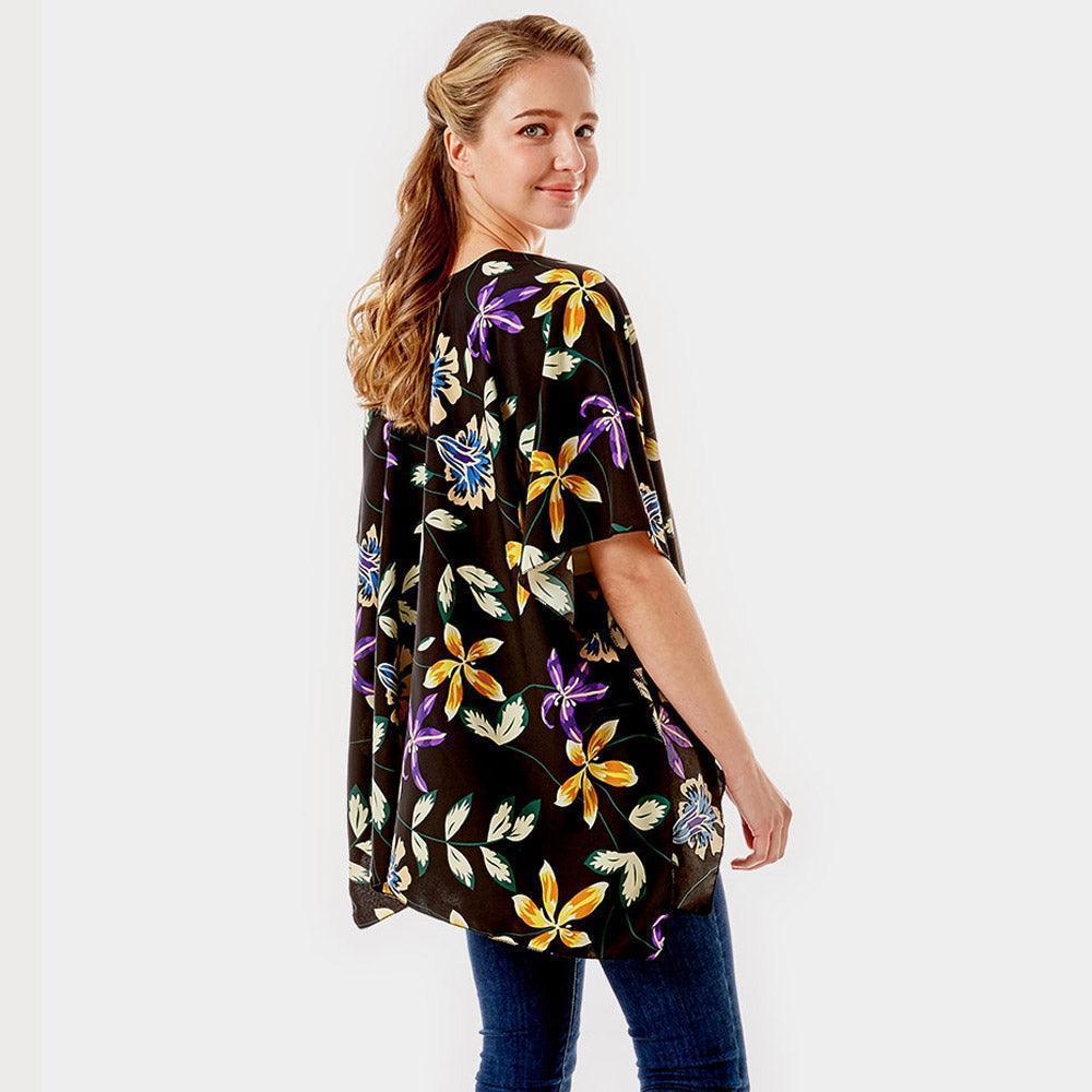 Black Flower Printed Cover Up Kimono Poncho - Jewelry Store by Erik Rayo